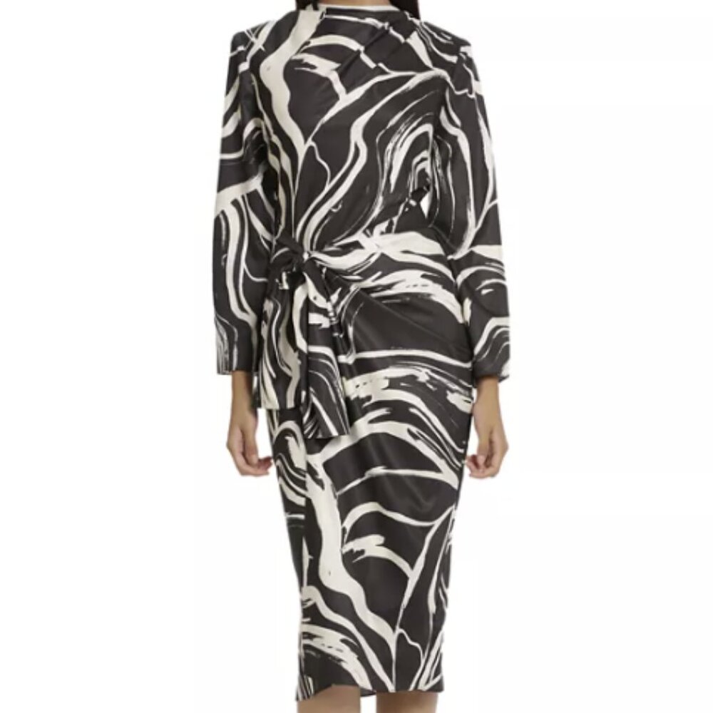 Donna Morgan Women's High-Neck Black/Off White Tie-Waist Work Dress | Size 12